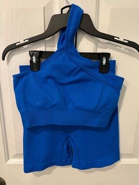 One-Shoulder Ribbed Crop Top and Bike Shorts Set - Electric Blue